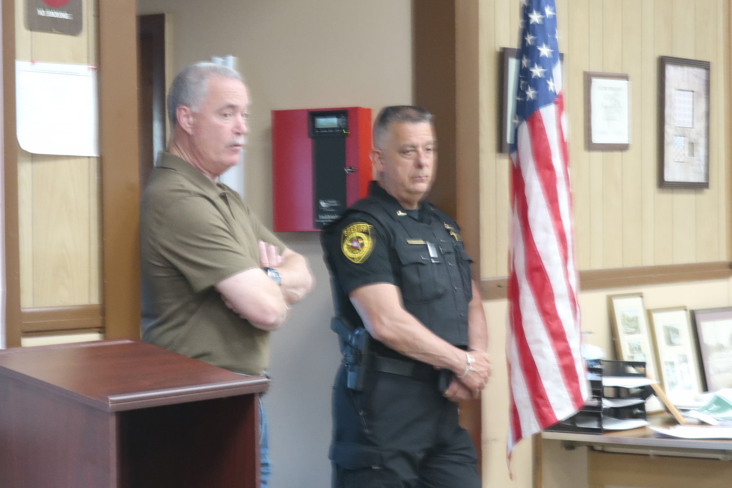 Sullivan County Sheriff Mike Schiff, left, and lieutenant deputy Paul Pratti were on hand at the Highland Town Board meeting to talk about police protection.